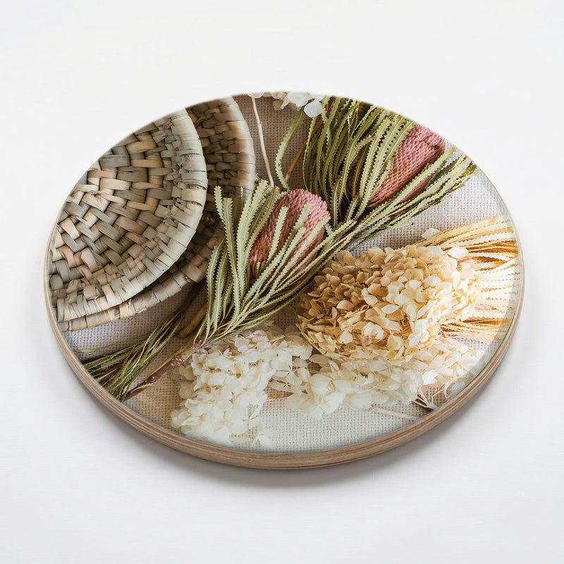 FLORAL CREAM AND GREY BASKET WITH PINK BANKSEAS CHEESEBOARD