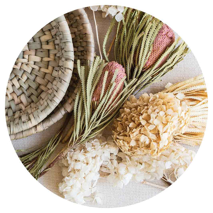 FLORAL CREAM AND GREY BASKET WITH PINK BANKSEAS SERVING BOARD