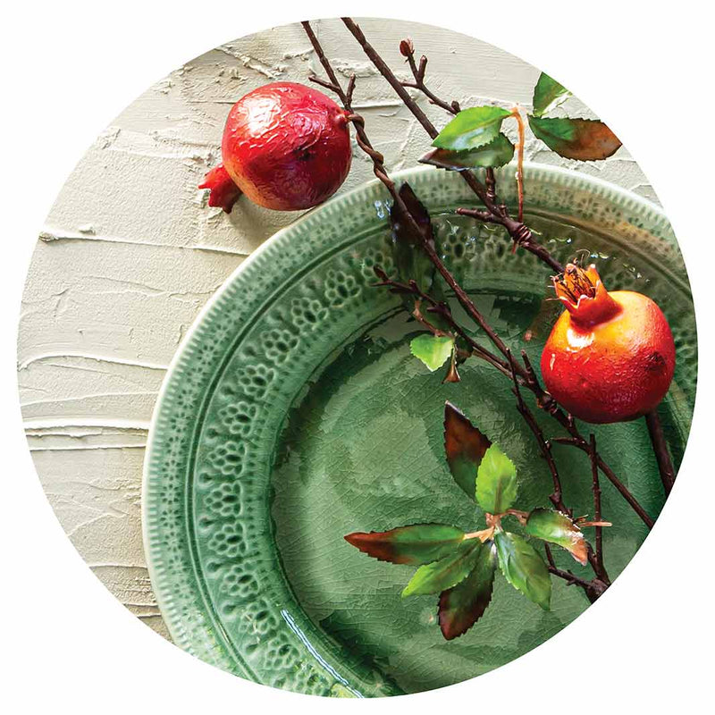 NATURAL RED POMEGRANATES ON GREEN PLATE CHEESEBOARD