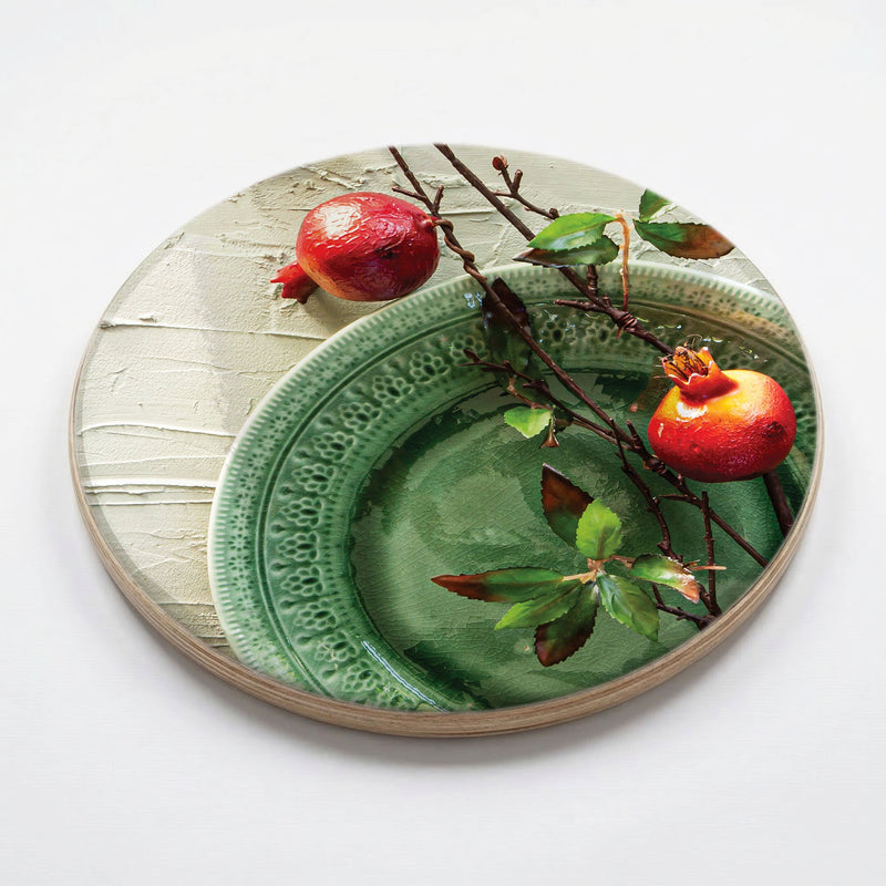 NATURAL RED POMEGRANATES ON GREEN PLATE CHEESEBOARD