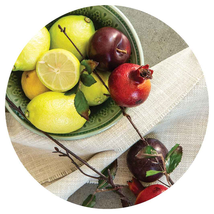 NATURAL RED POMEGRANATES AND LEMONS WITH LINEN SERVING BOARD