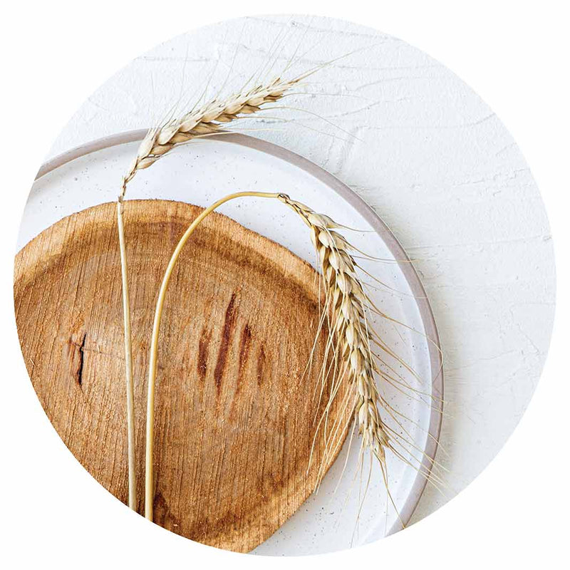 NATURAL BEIGE WHEAT ON WOOD AND WHITE CHEESEBOARD