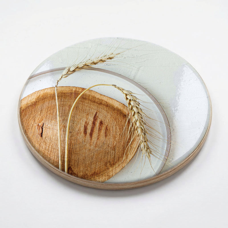 NATURAL BEIGE WHEAT ON WOOD AND WHITE CHEESEBOARD