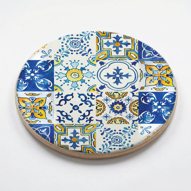 PATTERN BLUE AND YELLOW WATERCOLOUR LISBON TILE CHEESEBOARD