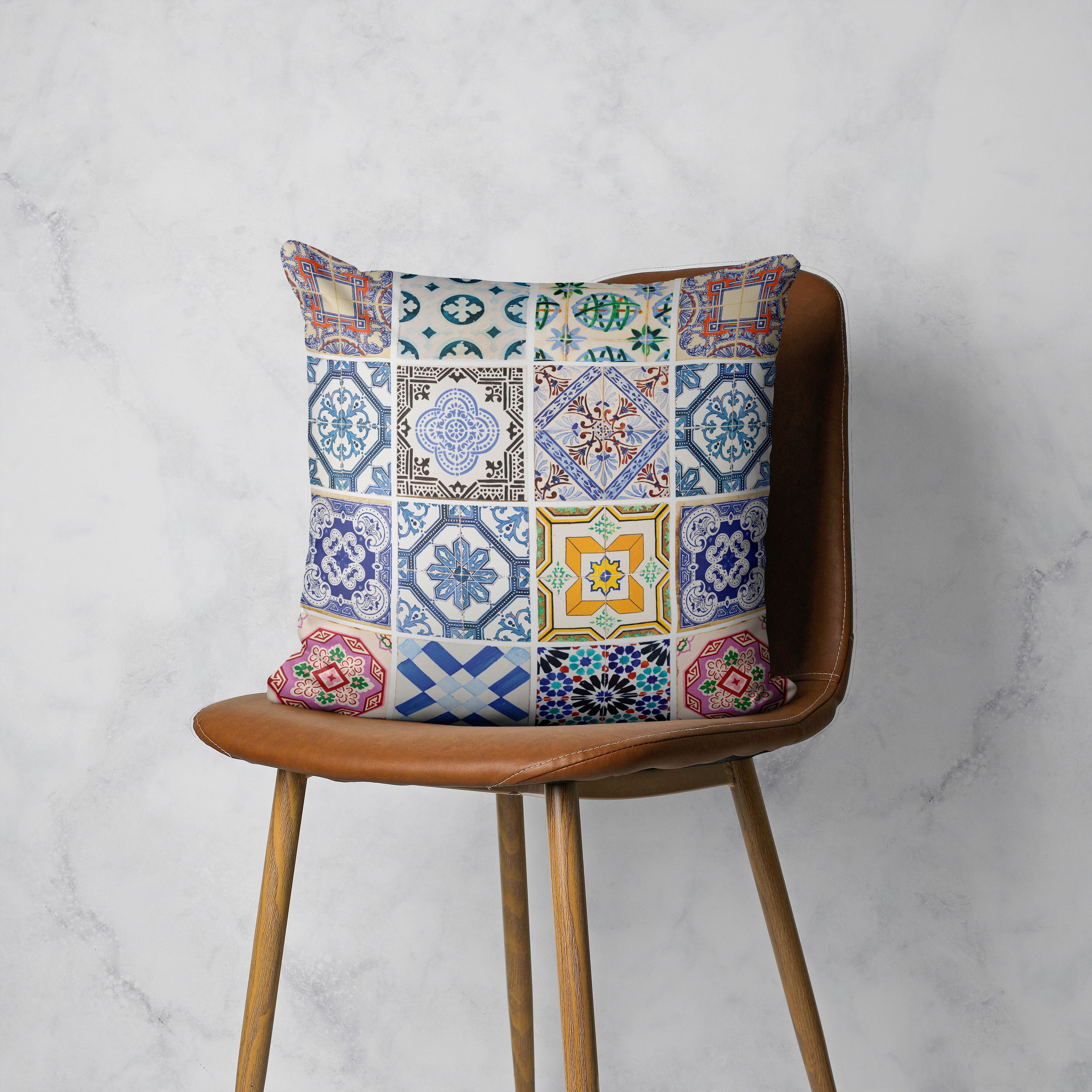 PATTERN BLUE COLOURFUL TILE SCATTER CUSHION