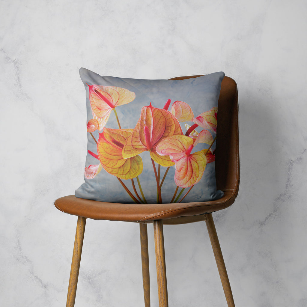 ANTHURIUM LIGHT PINK AND GREEN ON BLUE SCATTER CUSHION