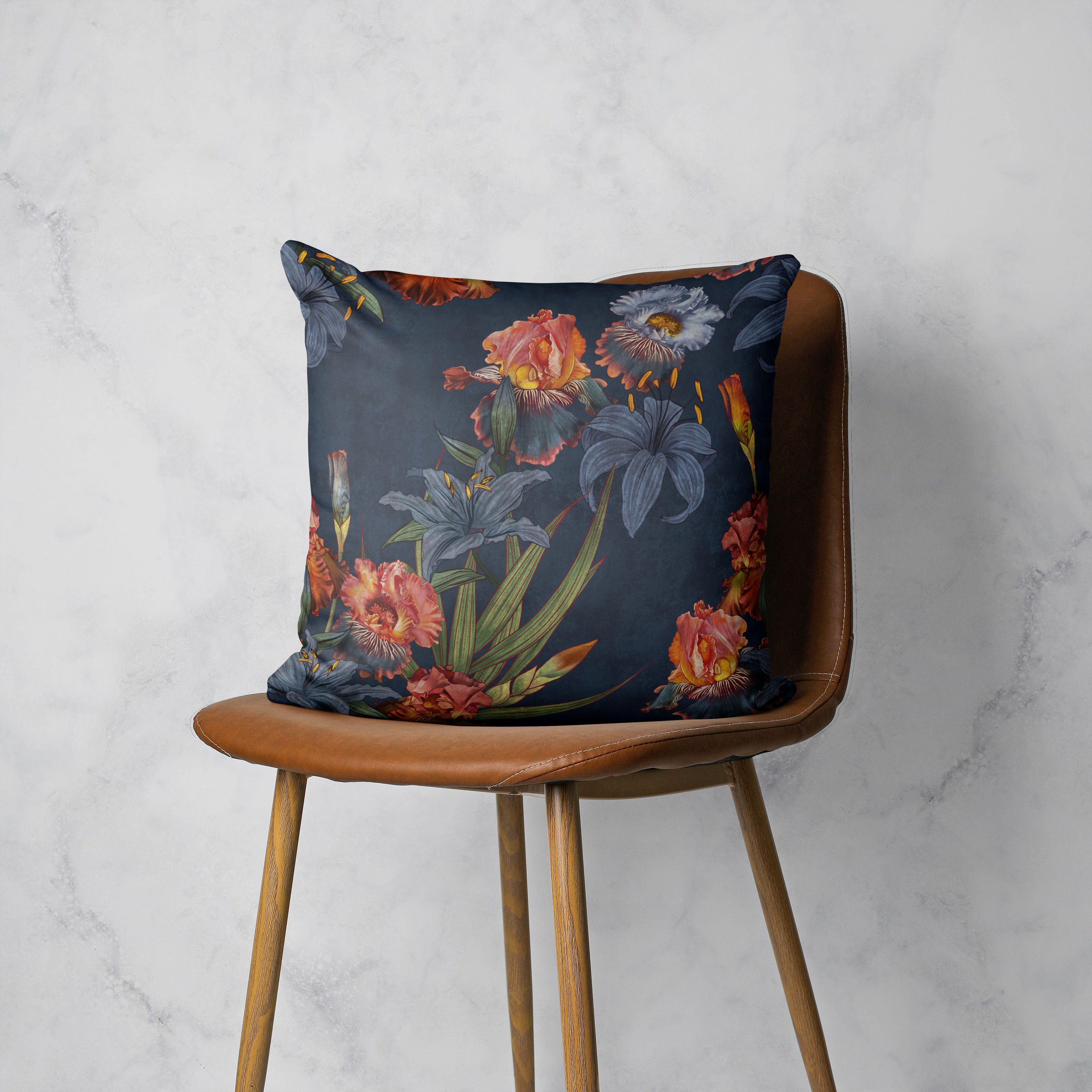 FLORAL NAVY LILIES AND IRIS PAINTING SCATTER CUSHION