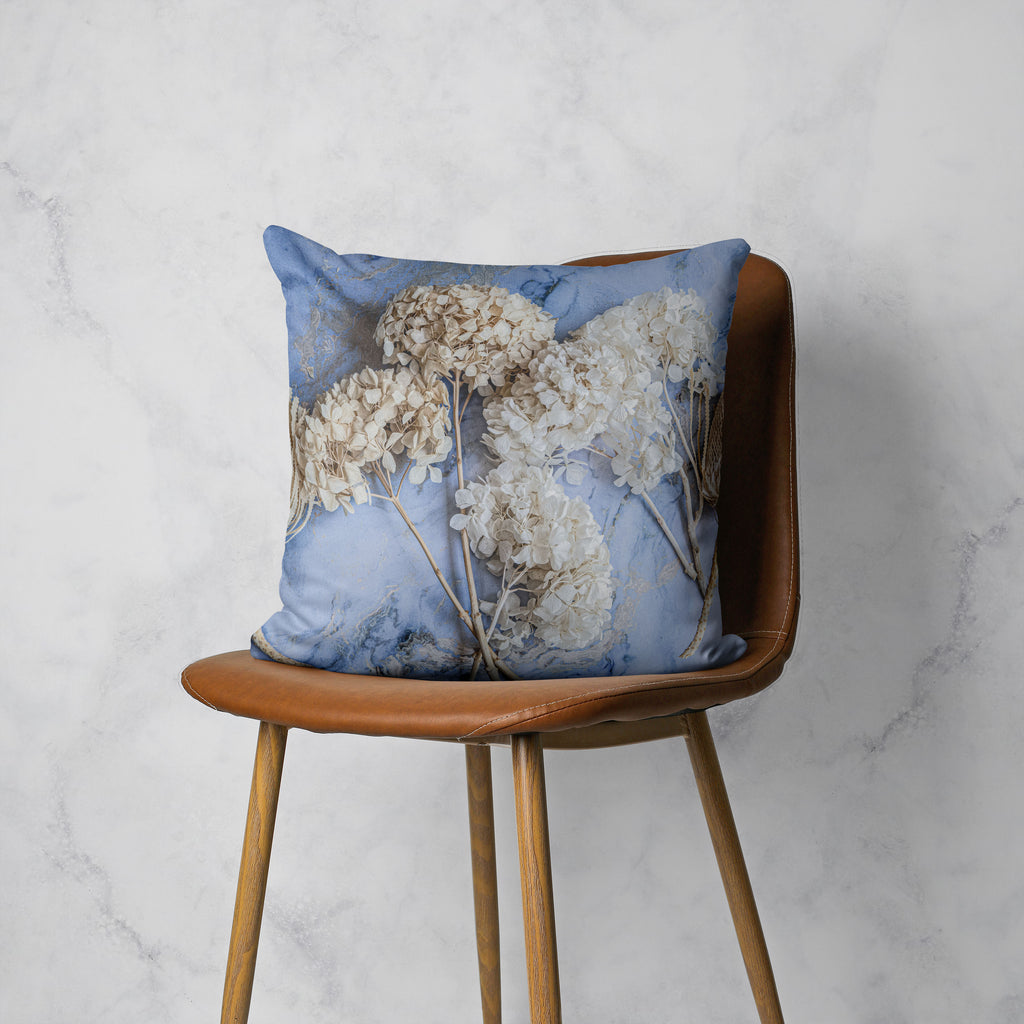 FLORAL CREAM BLEACHED HYDRANGEAS ON BLUE SCATTER CUSHION