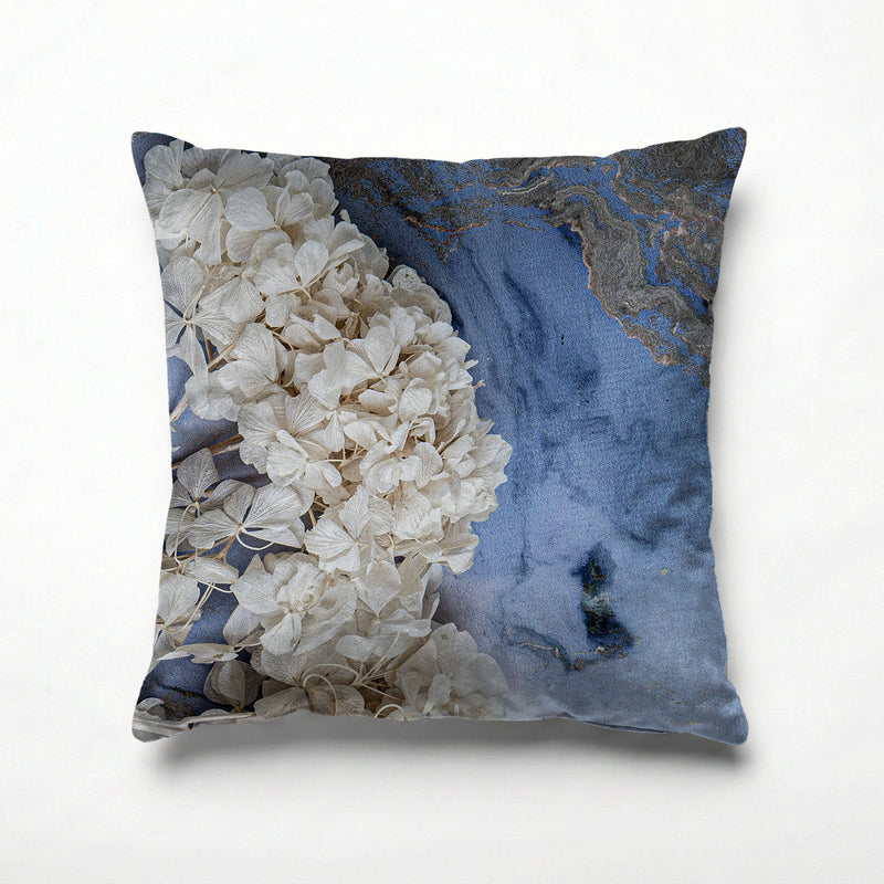 FLORAL CREAM BLEACHED HYDRANGEAS ON BLUE SCATTER CUSHION