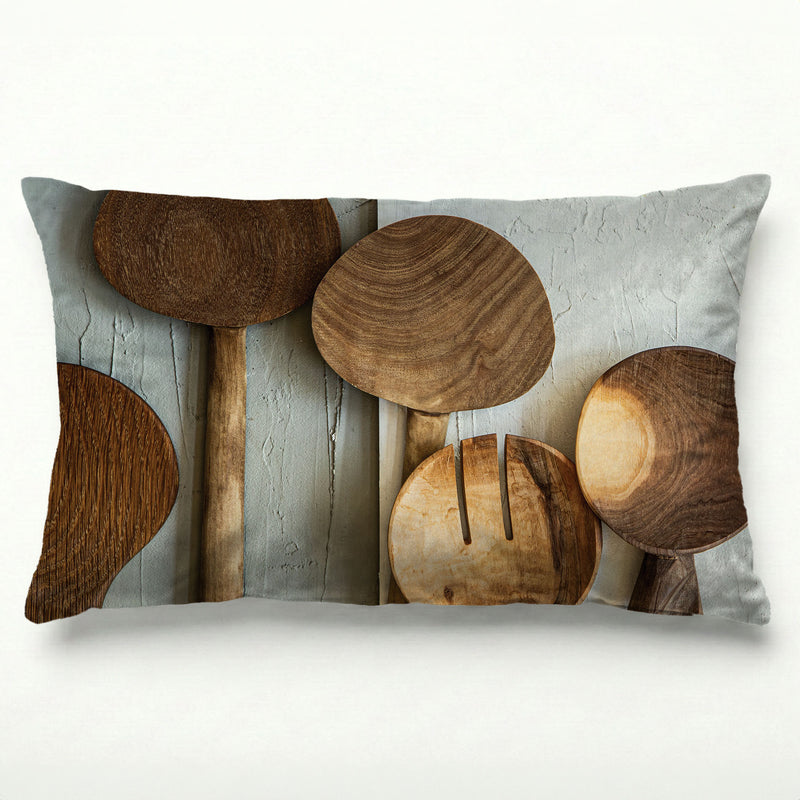 NATURAL BROWN WOODEN SPOONS ON GREY AND WHITE SCATTER CUSHION