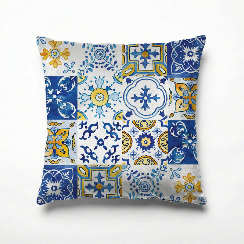PATTERN BLUE AND YELLOW WATERCOLOUR LISBON TILE SCATTER CUSHION