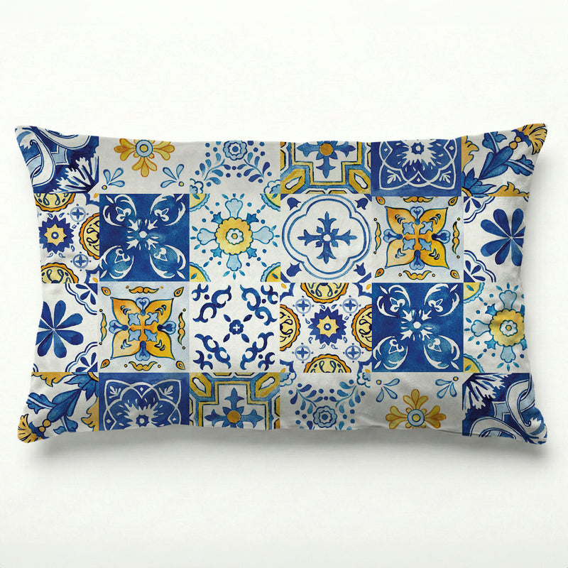 PATTERN BLUE AND YELLOW WATERCOLOUR LISBON TILE SCATTER CUSHION