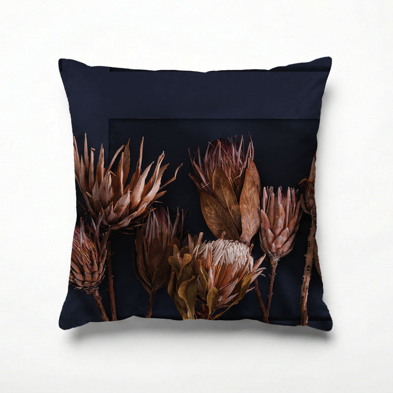 GOLDEN PROTEA ARRANGEMENT ON DARK BLUE SCATTER CUSHION