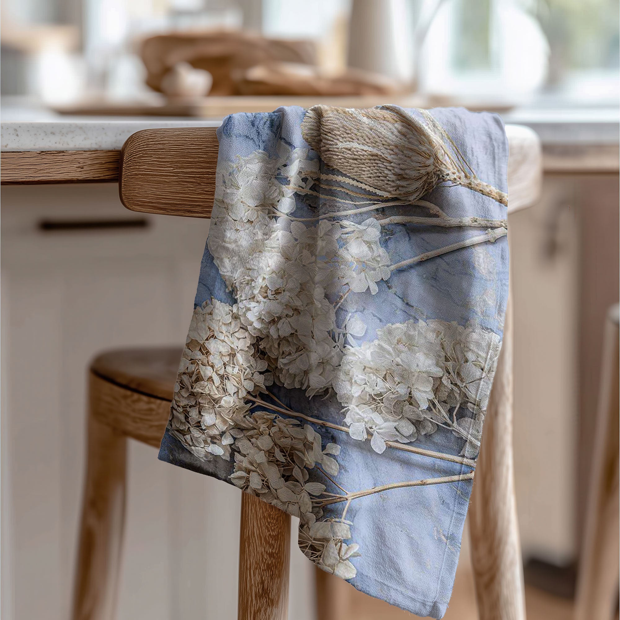 FLORAL CREAM BLEACHED HYDRANGEAS ON BLUE TEA TOWEL