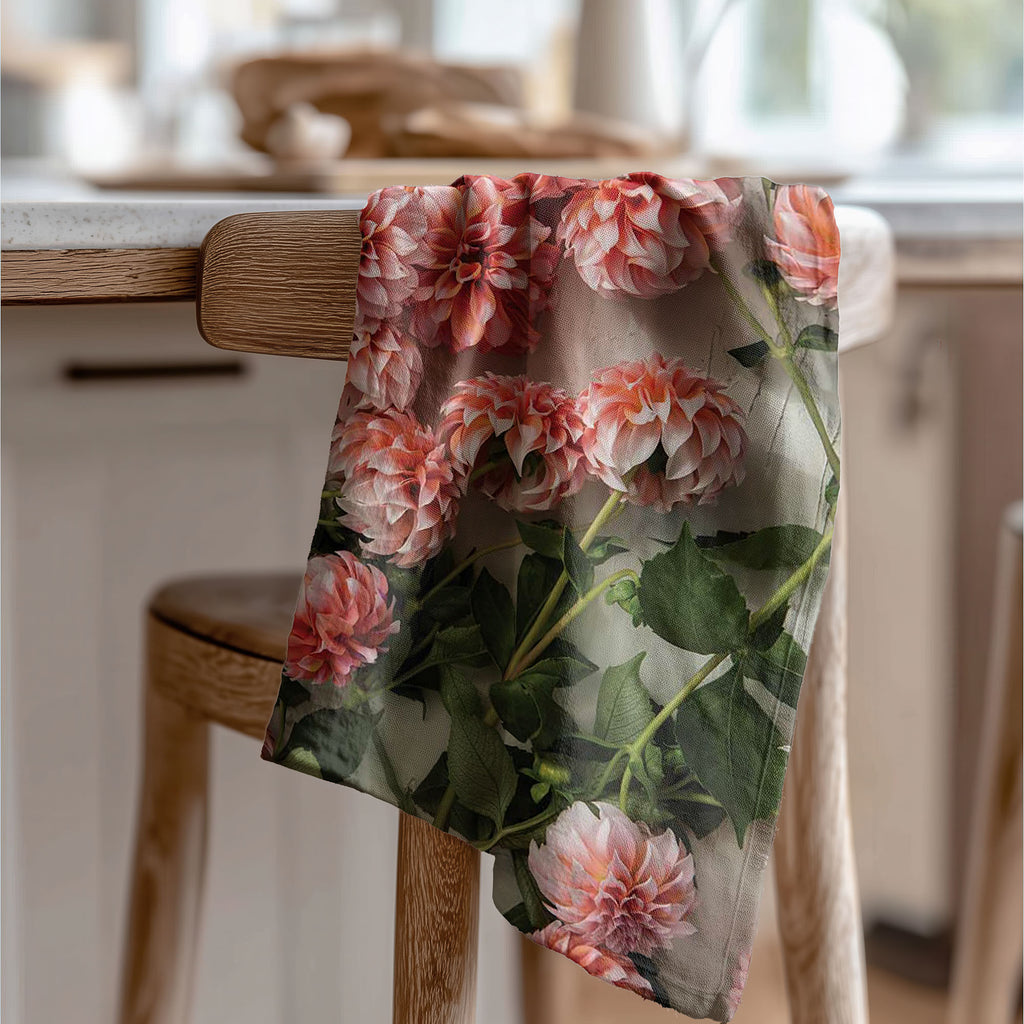 FLORAL ORANGE SCATTERED DAHLIAS WITH LEAVES TEA TOWEL