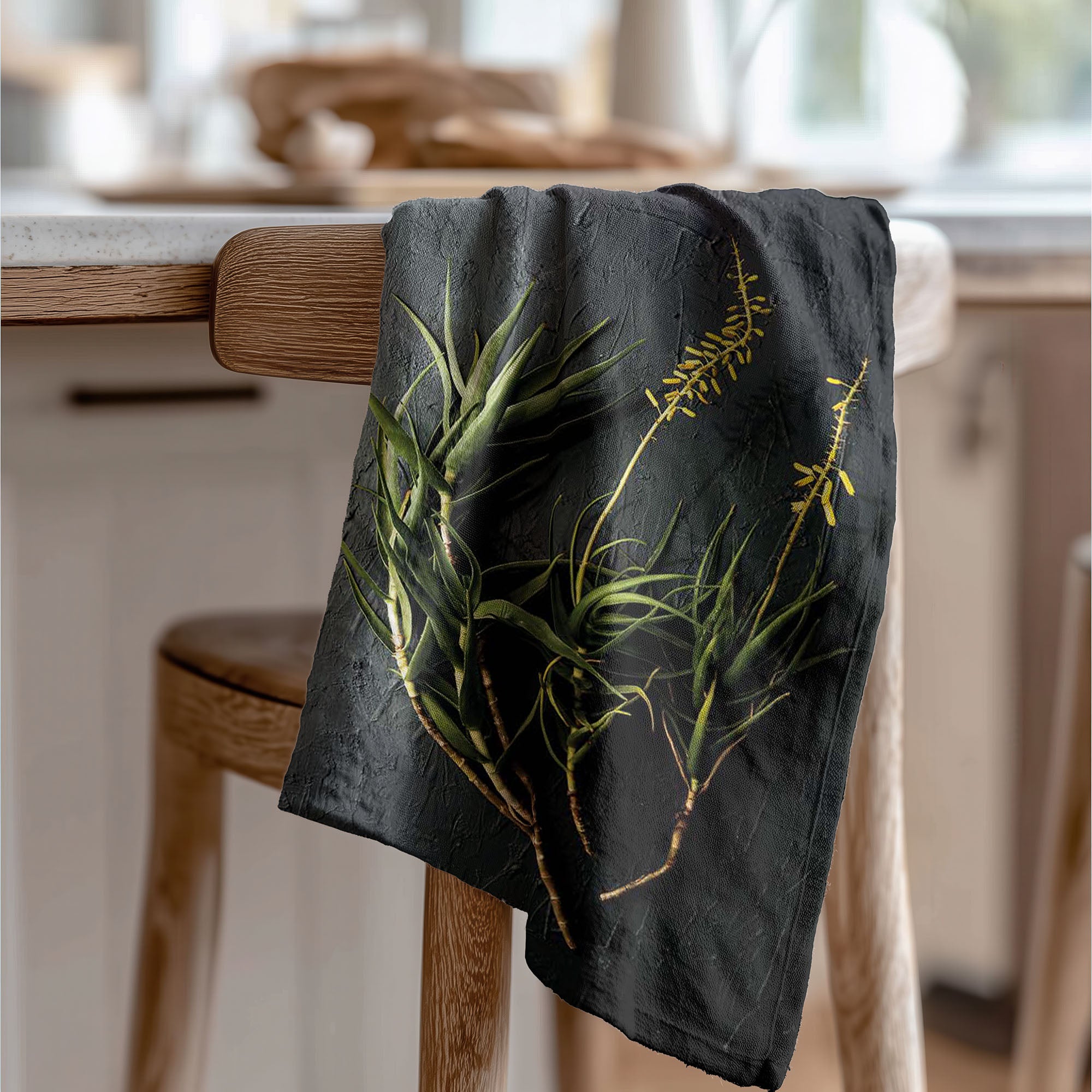 NATURAL YELLOW BLOSSOMS ALOE BUSH ON GREY TEA TOWEL