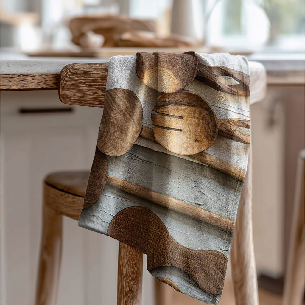 NATURAL BROWN WOODEN SPOONS ON GREY AND WHITE TEA TOWEL