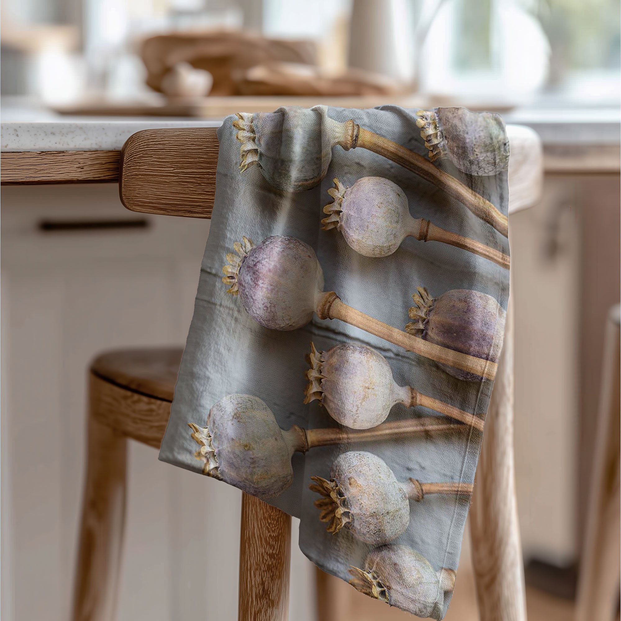 NATURAL PURPLE GIANT POPPY SEEDS ON GREY TEA TOWEL