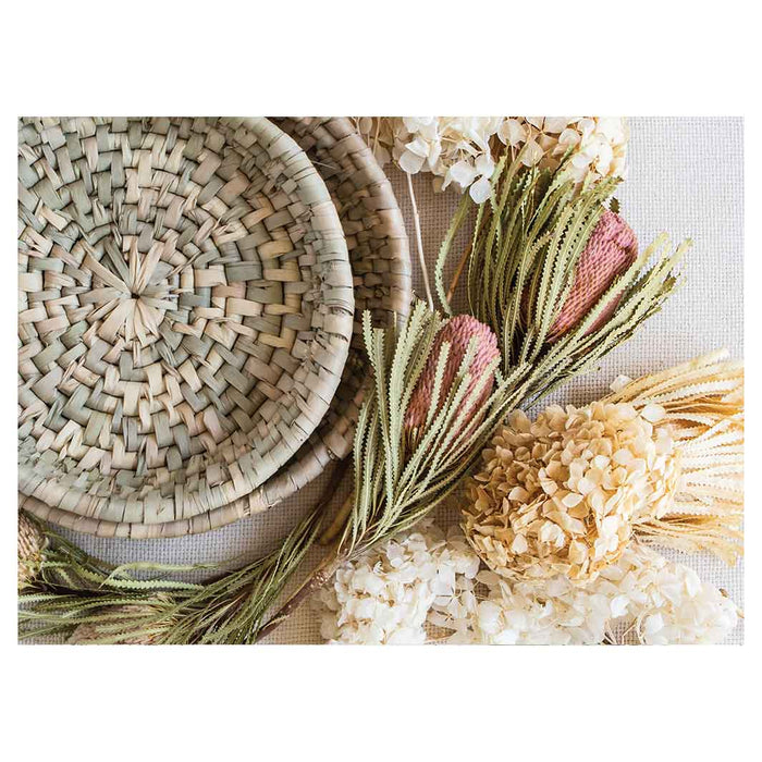 FLORAL CREAM AND GREY BASKET WITH PINK BANKSEAS TEA TRAY