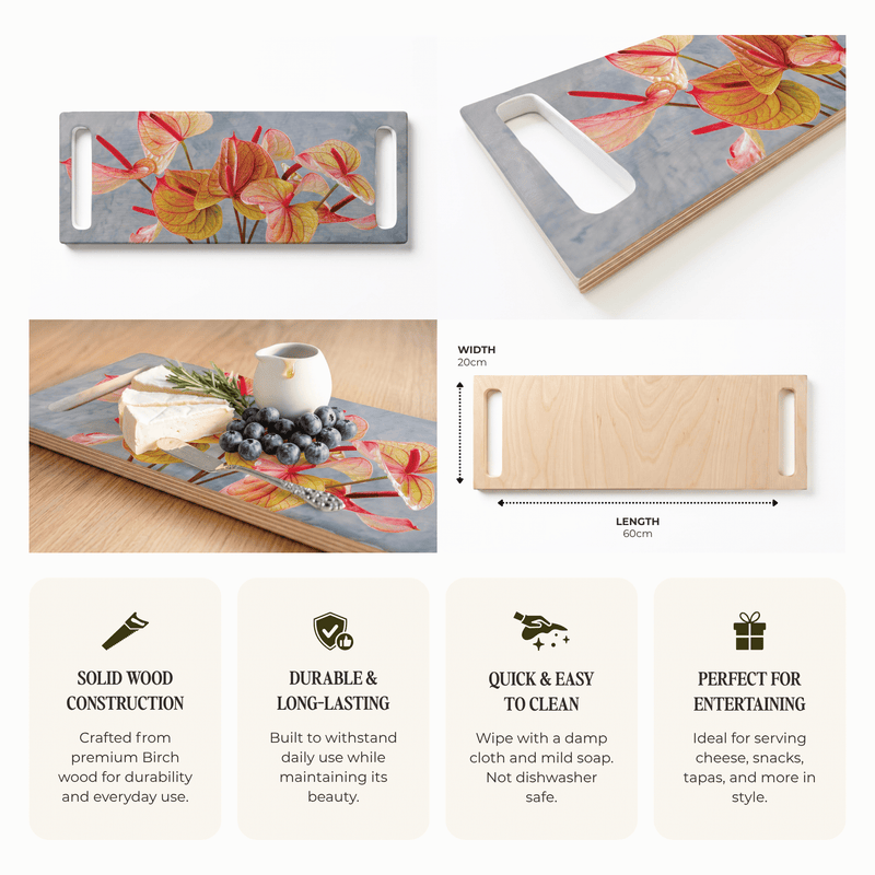 ANTHURIUM LIGHT PINK AND GREEN DOUBLE HANDLE SERVING BOARD