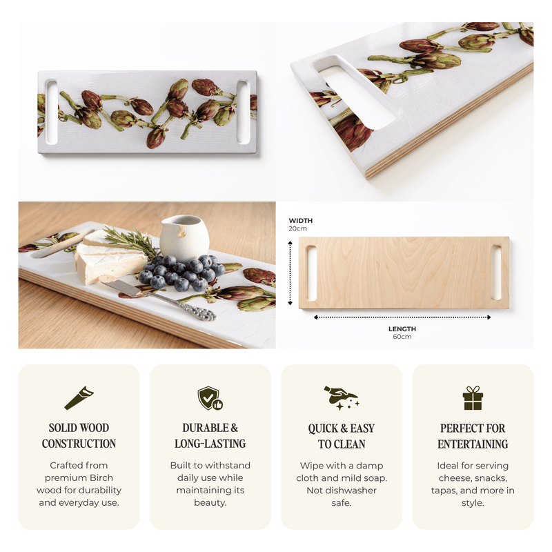 ARTICHOKE DEEP GREEN AND PURPLE DOUBLE HANDLE SERVING BOARD