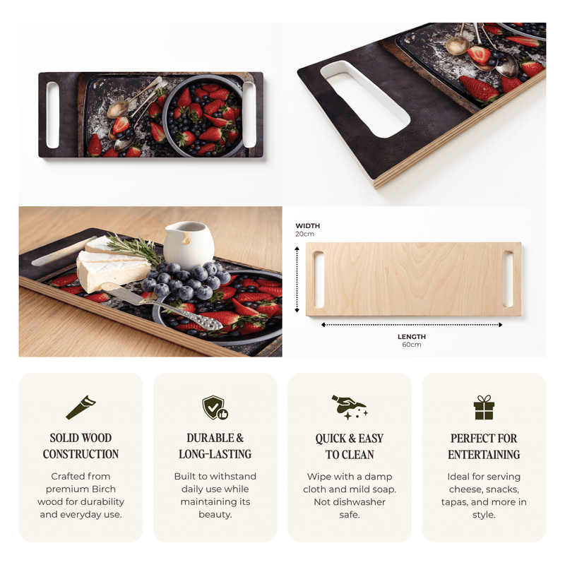 BERRIES ON RUSTIC TRAY DOUBLE HANDLE SERVING BOARD