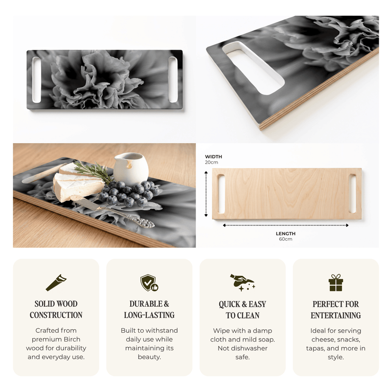 BLACK AND WHITE PEONY DOUBLE HANDLE SERVING BOARD