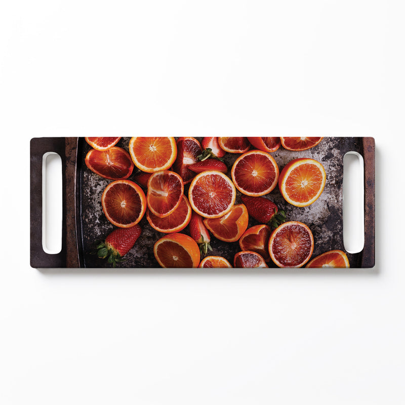 BLOOD ORANGES ON RUSTIC TRAY DOUBLE HANDLE SERVING BOARD