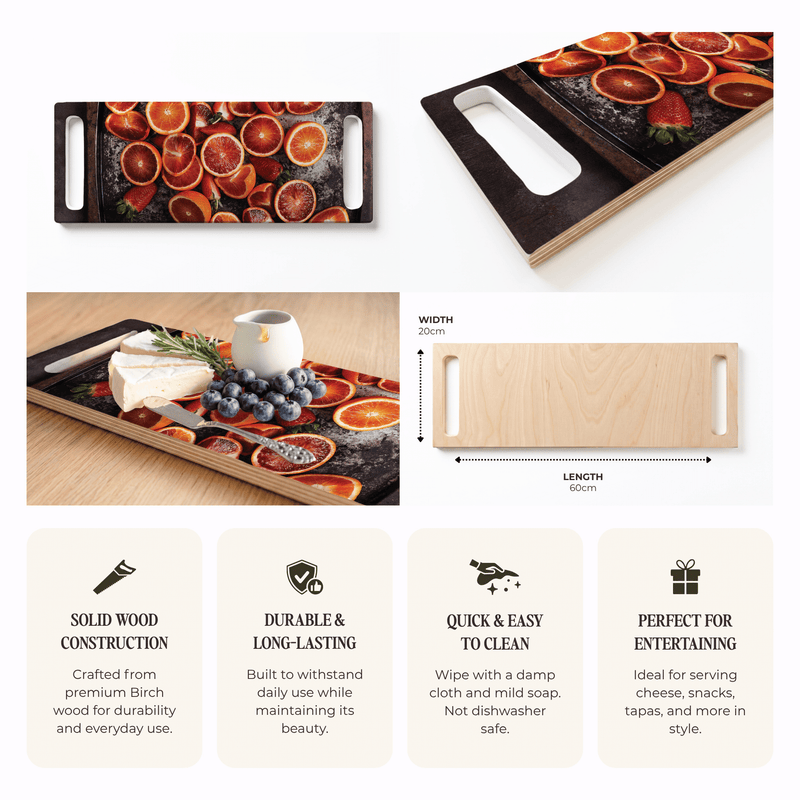 BLOOD ORANGES ON RUSTIC TRAY DOUBLE HANDLE SERVING BOARD