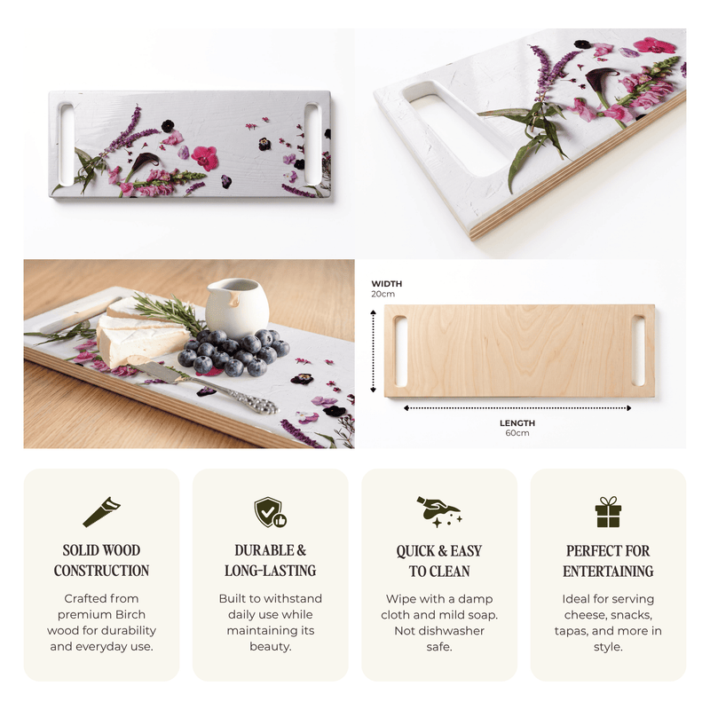 BLOSSOMS ON WHITE DOUBLE HANDLE SERVING BOARD