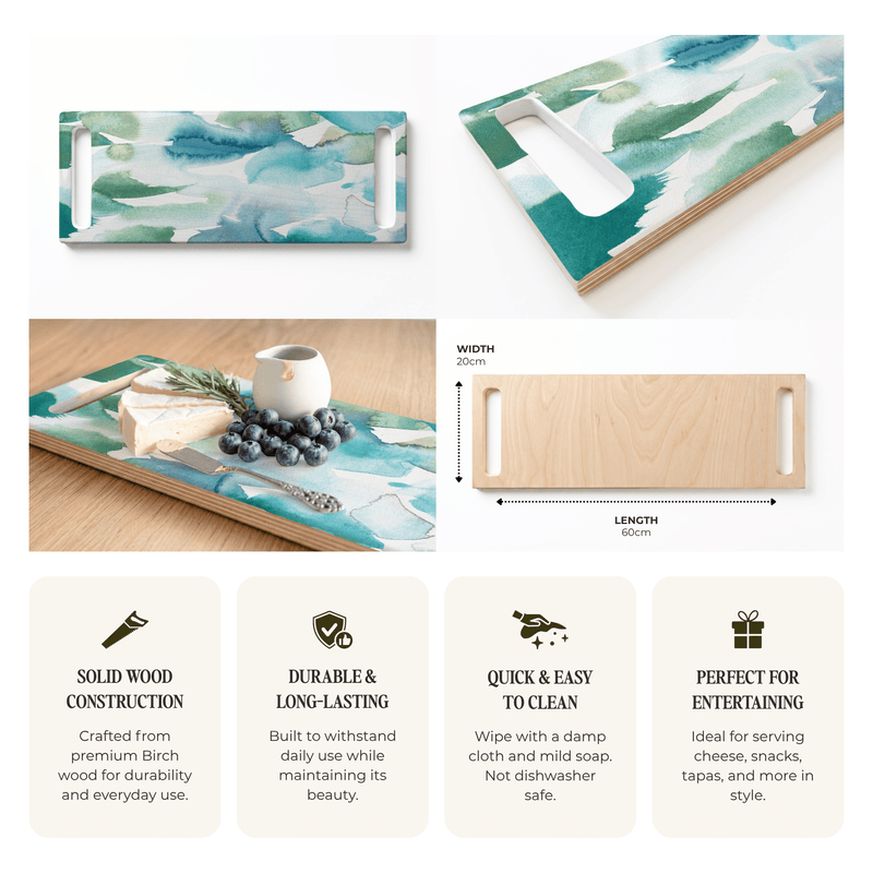 BLUE AND GREEN WATERCOLOUR PAINT PATTERN DOUBLE HANDLE SERVING BOARD