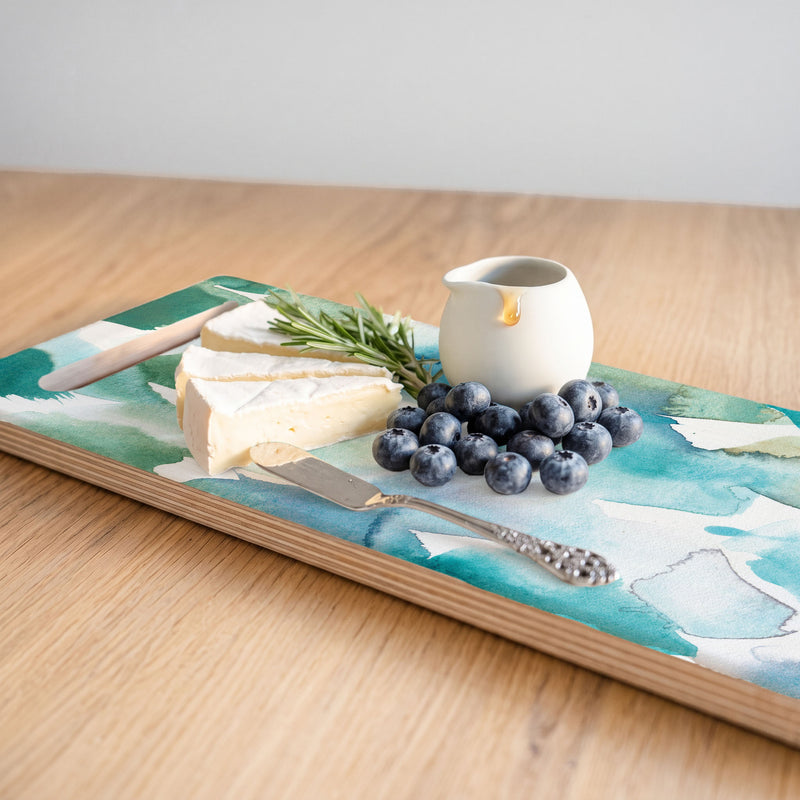 BLUE AND GREEN WATERCOLOUR PAINT PATTERN DOUBLE HANDLE SERVING BOARD
