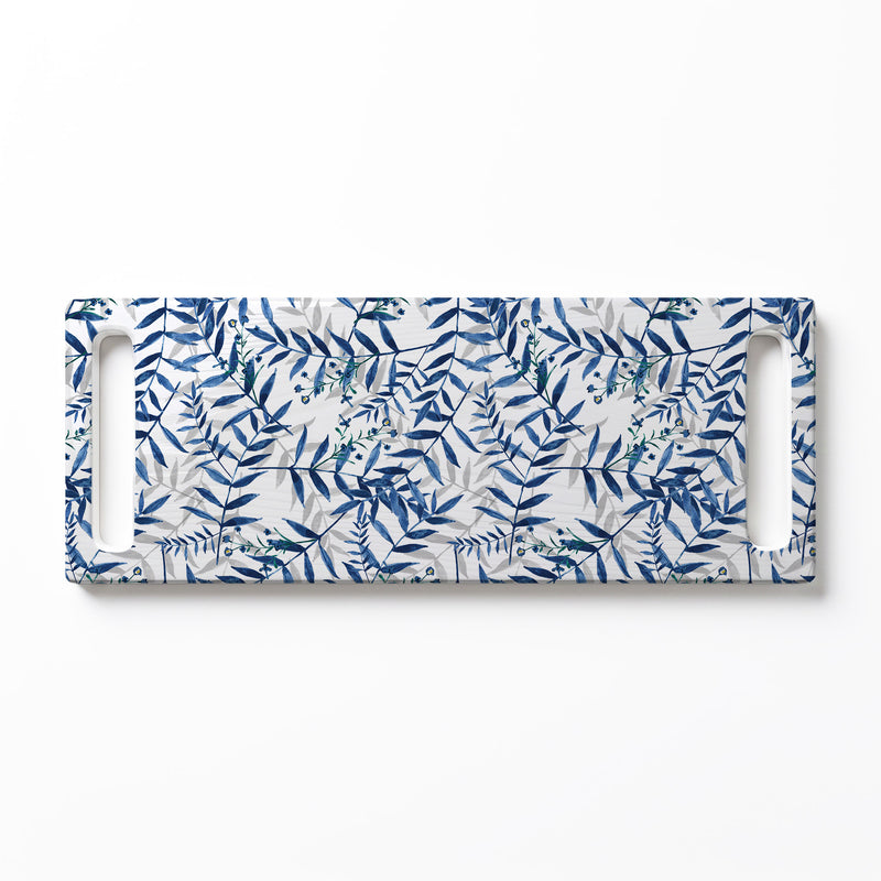 BLUE AND GREY LEAFY LAYERS DOUBLE HANDLE SERVING BOARD
