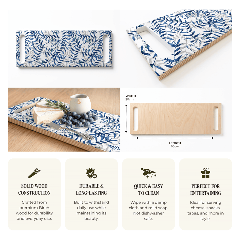 BLUE AND GREY LEAFY LAYERS DOUBLE HANDLE SERVING BOARD