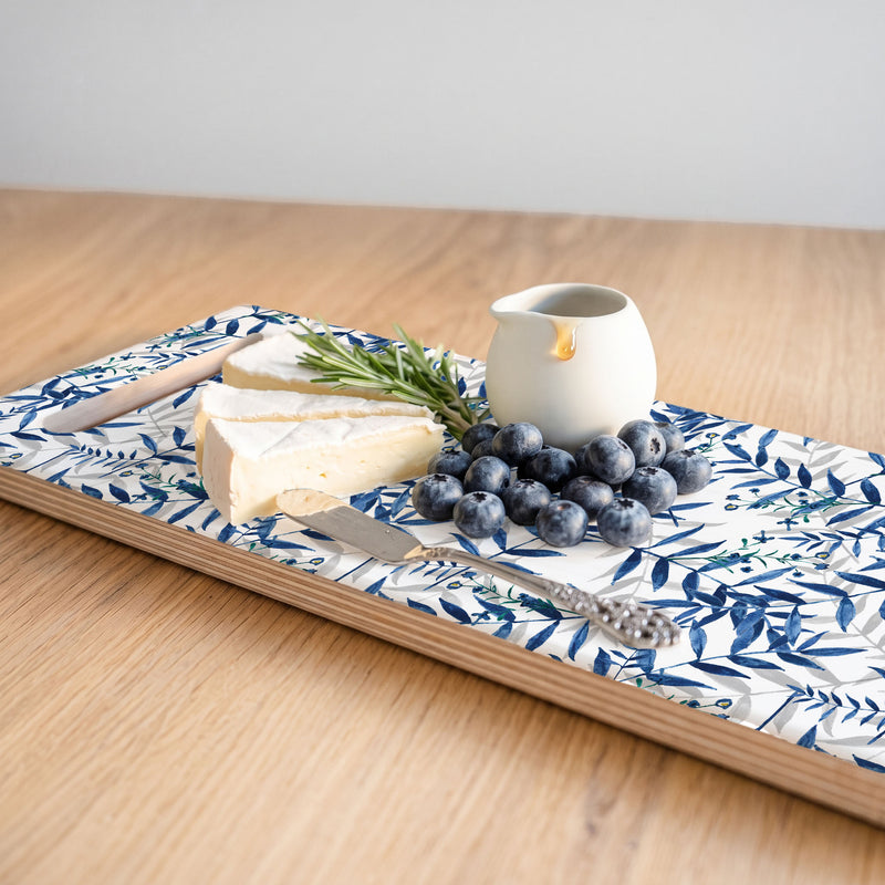 BLUE AND GREY LEAFY LAYERS DOUBLE HANDLE SERVING BOARD