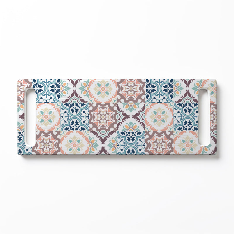 BLUE AND MAUVE TILE PATTERN DOUBLE HANDLE SERVING BOARD