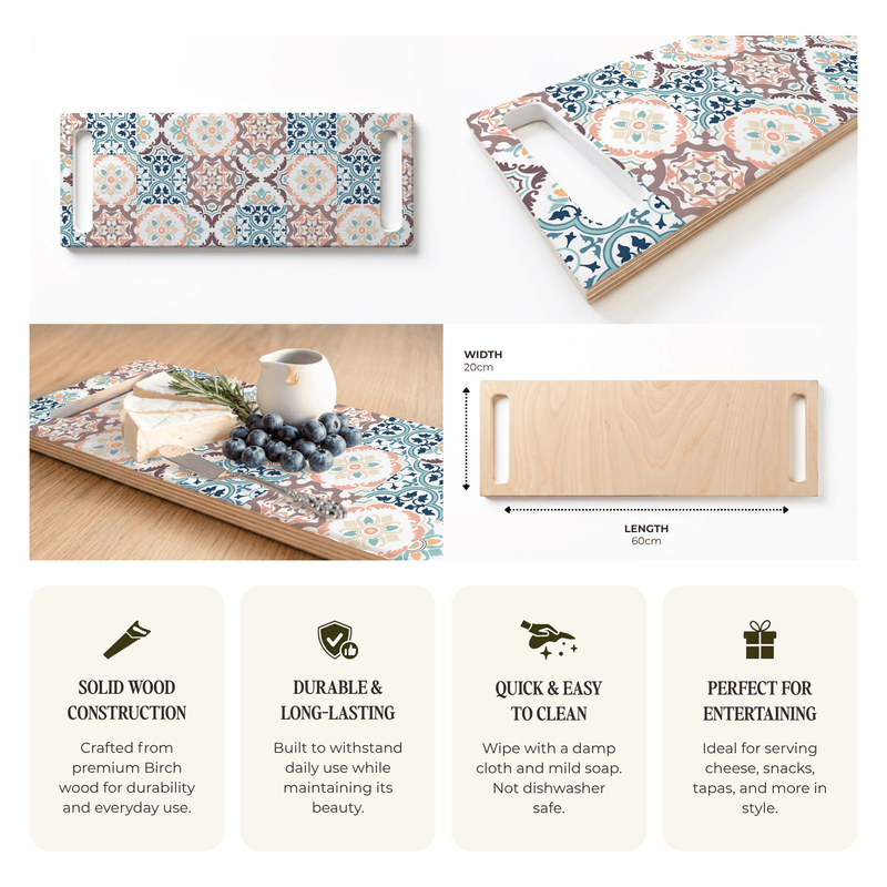 BLUE AND MAUVE TILE PATTERN DOUBLE HANDLE SERVING BOARD