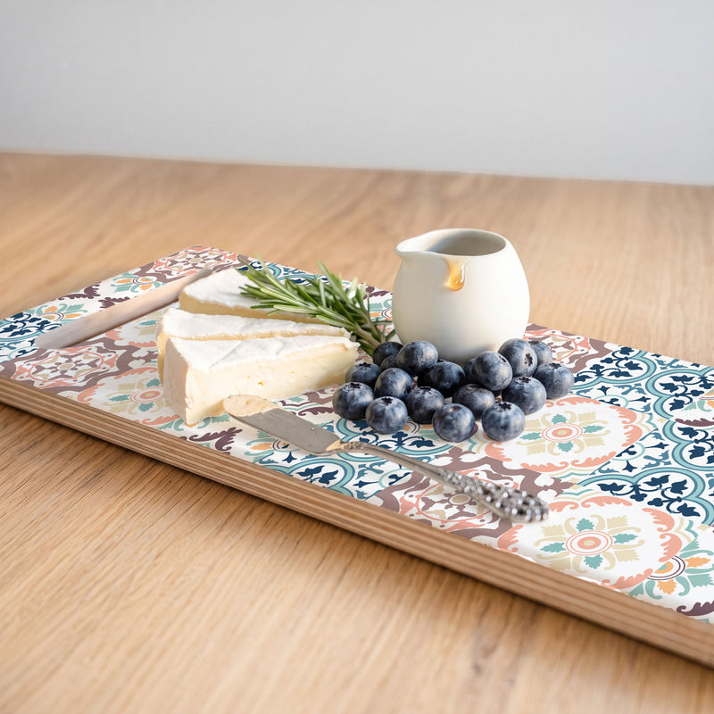BLUE AND MAUVE TILE PATTERN DOUBLE HANDLE SERVING BOARD