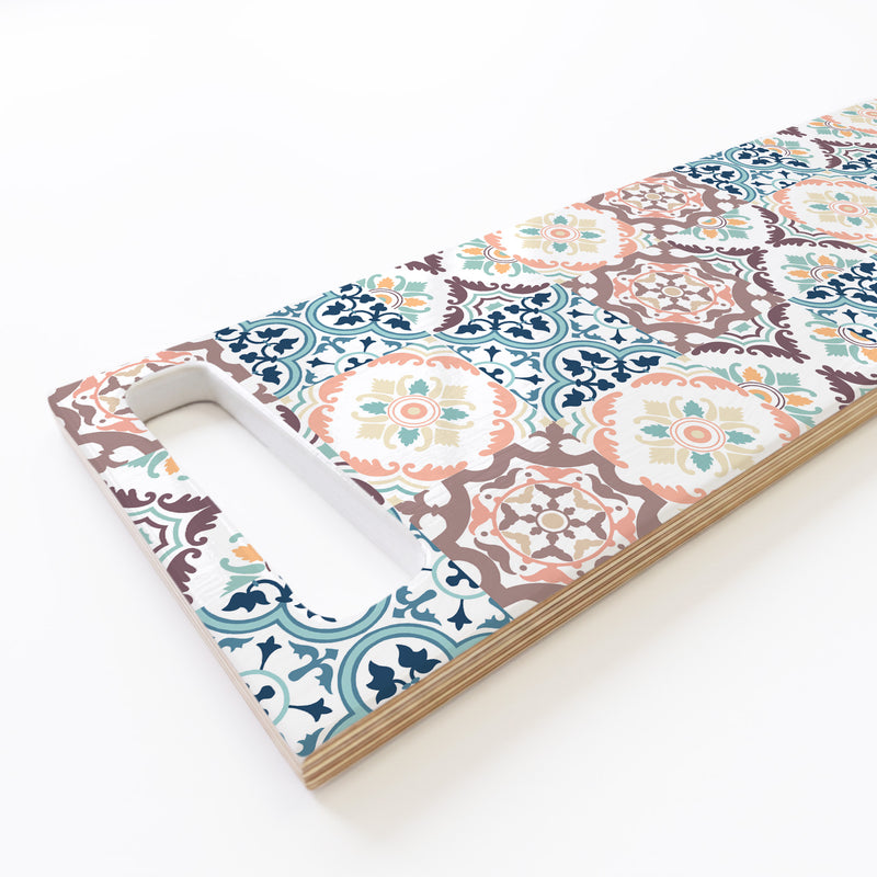 BLUE AND MAUVE TILE PATTERN DOUBLE HANDLE SERVING BOARD