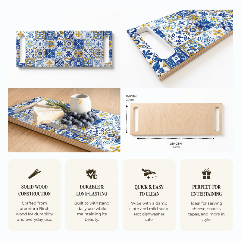 BLUE AND YELLOW WATERCOLOUR LISBON TILE DOUBLE HANDLE SERVING BOARD
