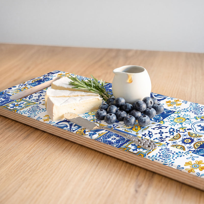 BLUE AND YELLOW WATERCOLOUR LISBON TILE DOUBLE HANDLE SERVING BOARD