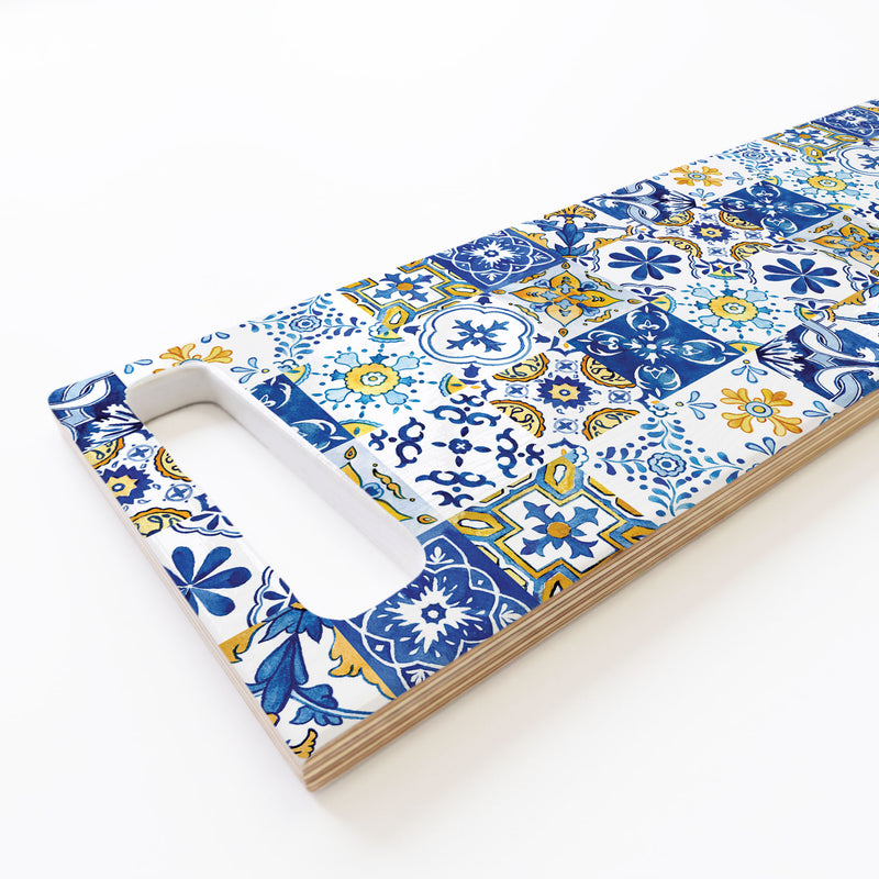 BLUE AND YELLOW WATERCOLOUR LISBON TILE DOUBLE HANDLE SERVING BOARD