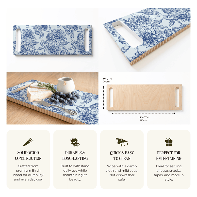 BLUE BOTANICAL LINE ART DOUBLE HANDLE SERVING BOARD