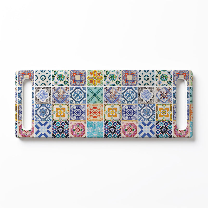 BLUE COLOURFUL TILE DOUBLE HANDLE SERVING BOARD