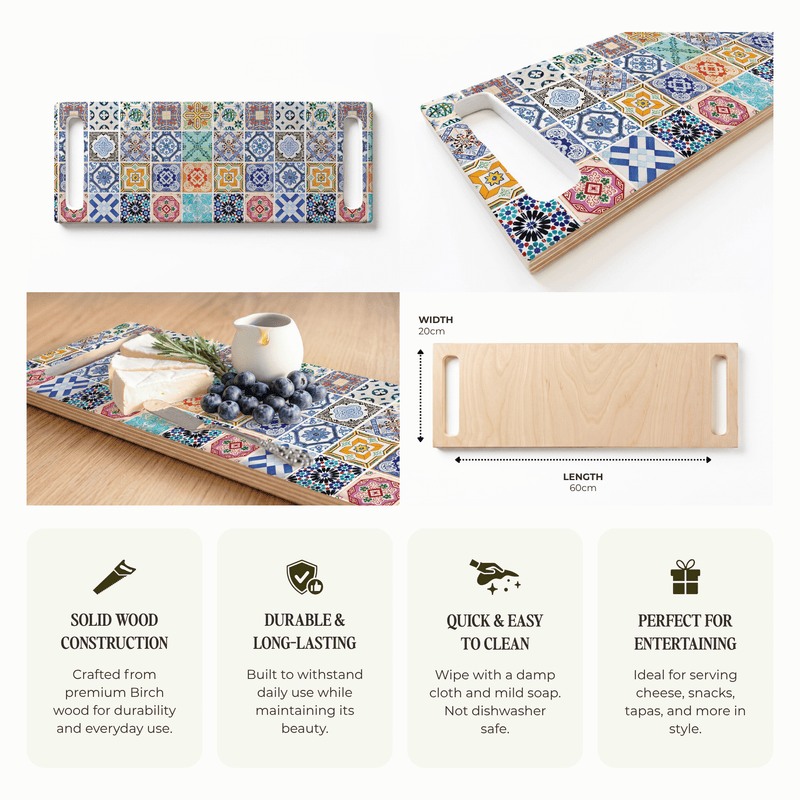 BLUE COLOURFUL TILE DOUBLE HANDLE SERVING BOARD