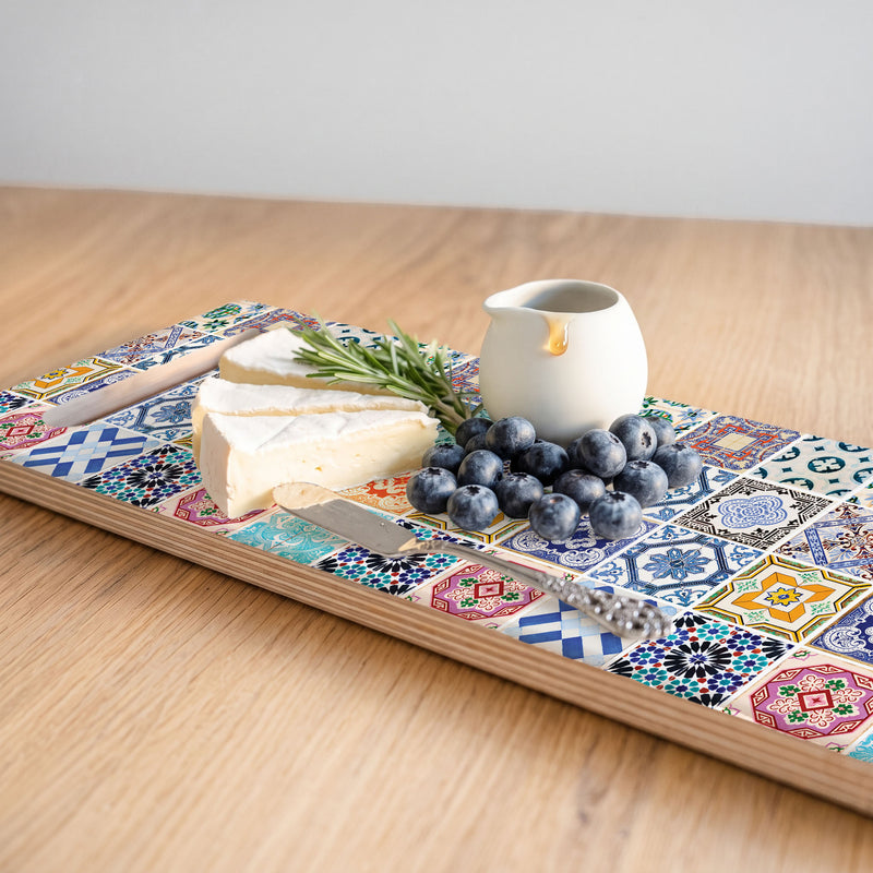 BLUE COLOURFUL TILE DOUBLE HANDLE SERVING BOARD