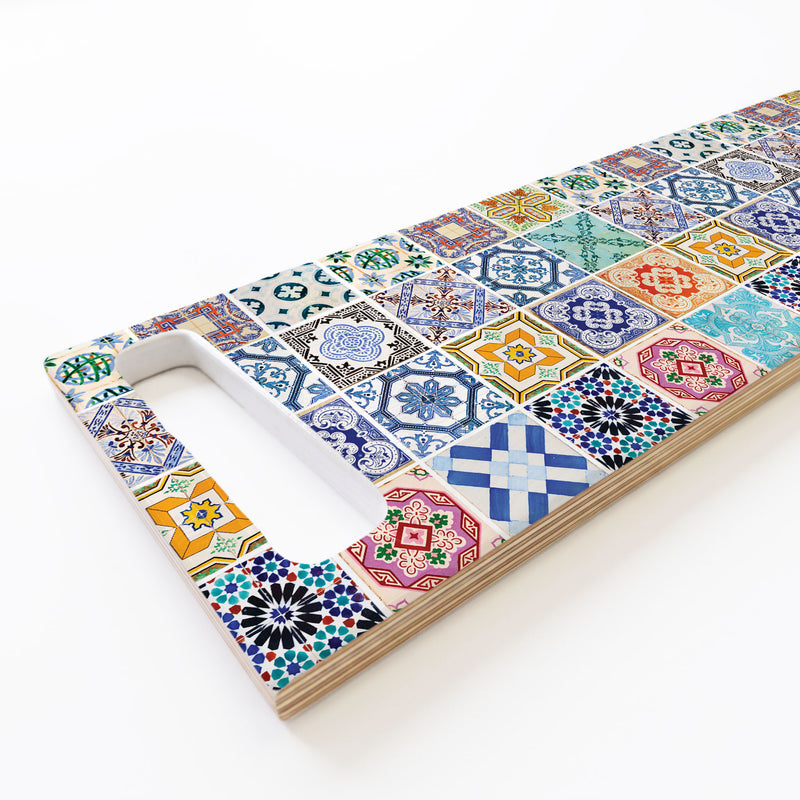 BLUE COLOURFUL TILE DOUBLE HANDLE SERVING BOARD
