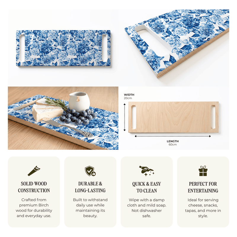 BLUE ROSE GARDEN DOUBLE HANDLE SERVING BOARD