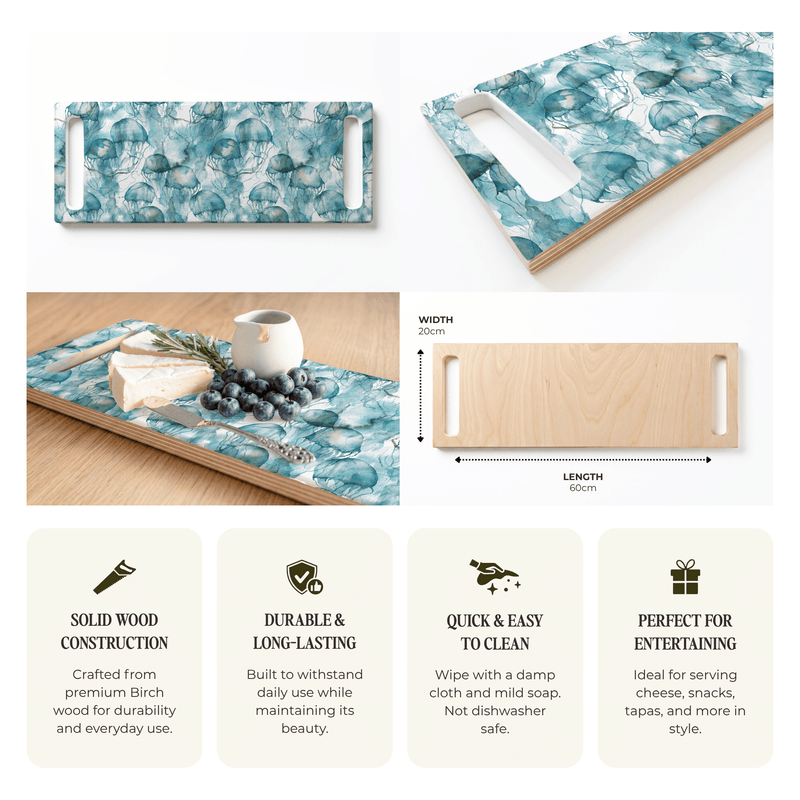 BLUE OCEAN WATERCOLOUR JELLYFISH DOUBLE HANDLE SERVING BOARD