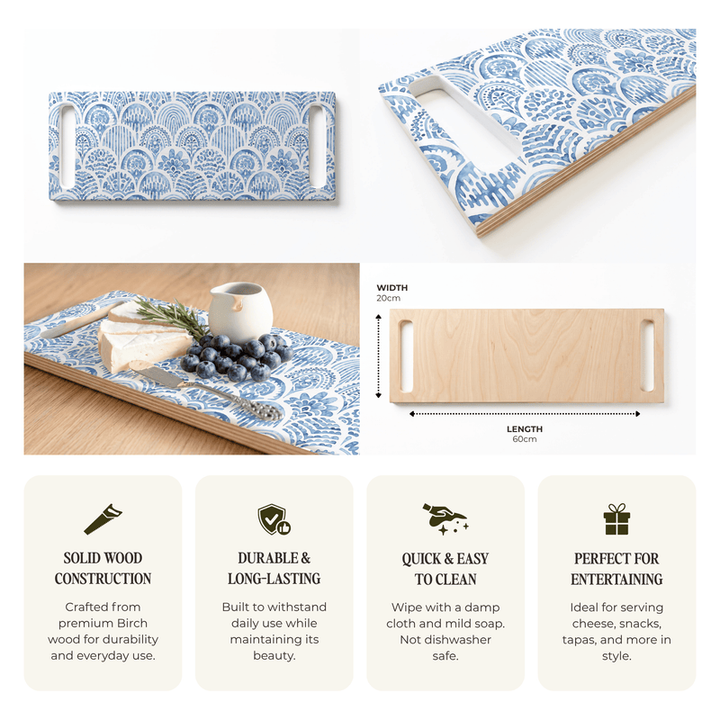 BLUE WATERCOLOUR SCALLOP PATTERN DOUBLE HANDLE SERVING BOARD